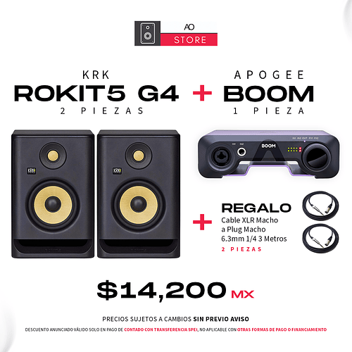 KRK Rokit RP5 G4 Monitores De Estudio (El Par) + Apogee Boom Interfaz de Audio + De Regalo Cable XLR Macho a Plug Macho 6.3 mm 1/4 3 Metros (2Pz)