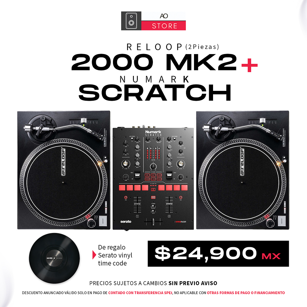 Reloop 2000 MK2 2 Piezas + Mixer Numark Scratch (De Regalo Serato Vinyl Time Code) Cabina Completa 1