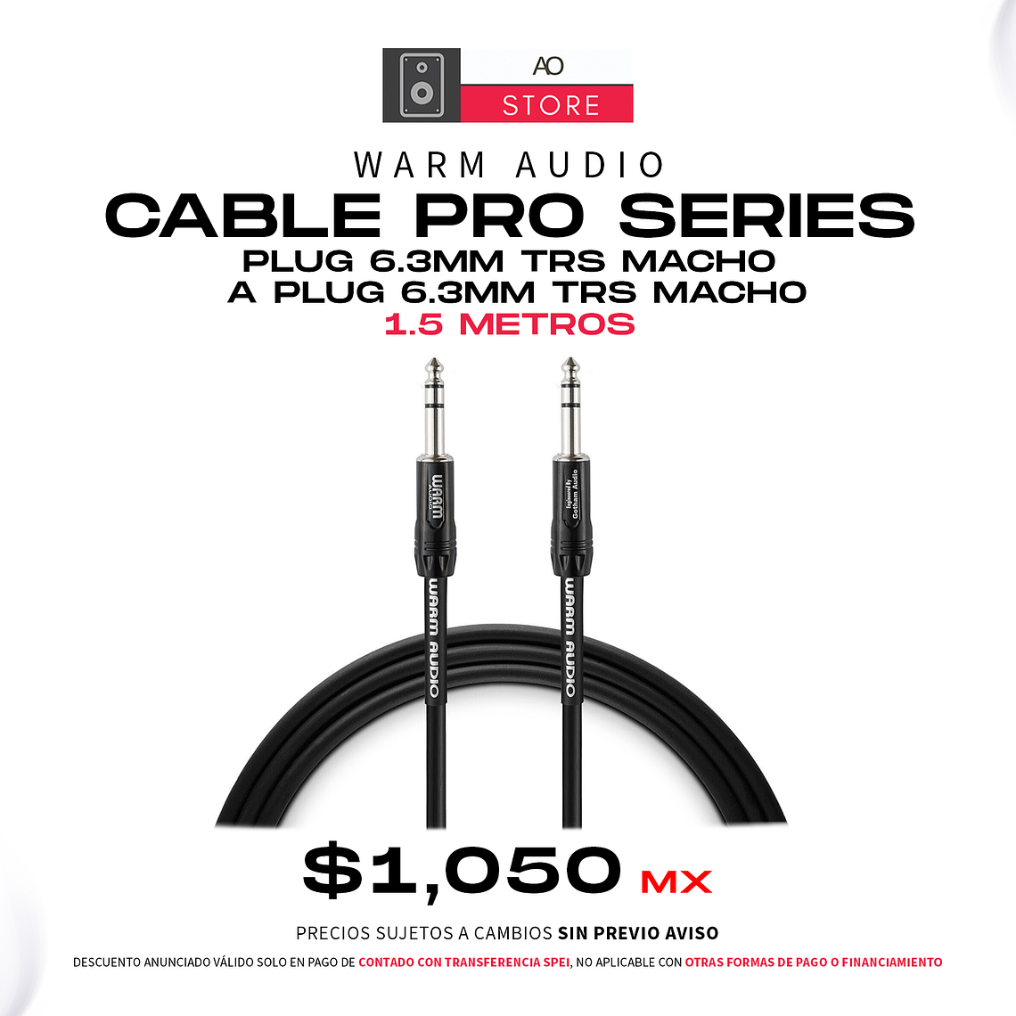 Warm Audio Cable Pro Series Plug 6.3mm TRS Macho a Plug 6.3mm TRS Macho 1.5 Metros 1