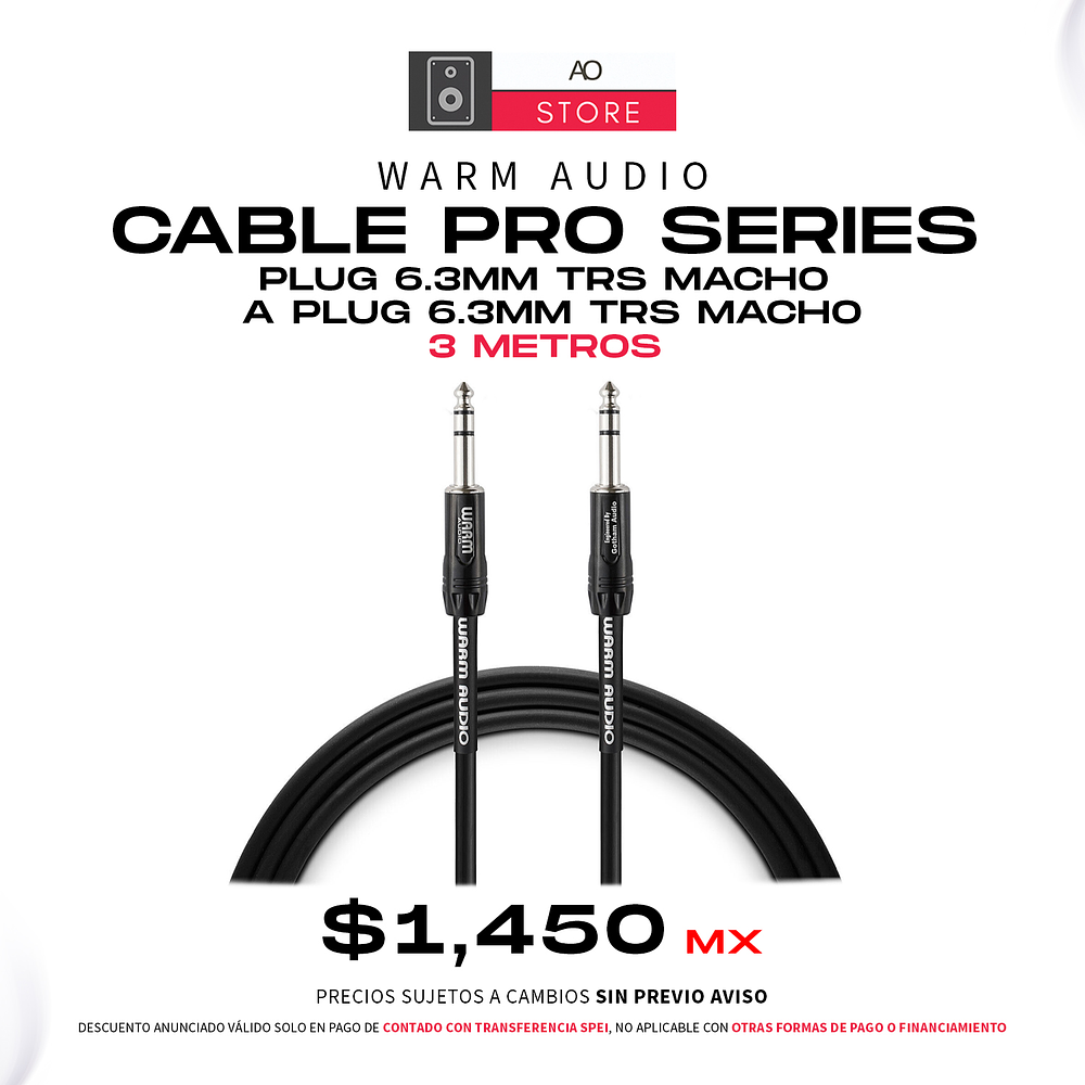 Warm Audio Cable Pro Series Plug 6.3mm TRS Macho a Plug 6.3mm TRS Macho 3 Metros 