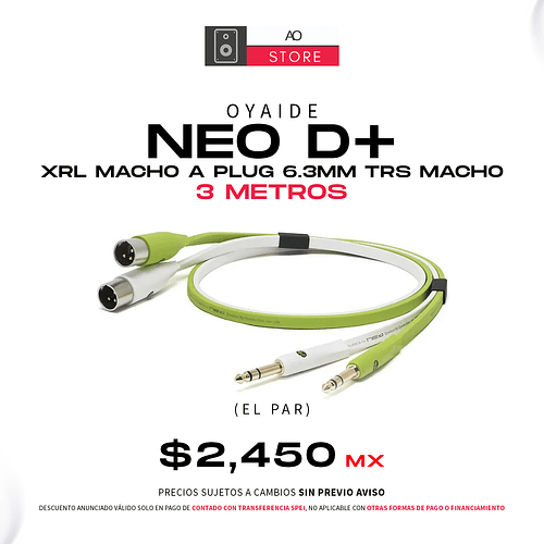Oyaide Neo D+ XLR Macho a Plug 6.3mm TRS Macho 3 Metros (Par)