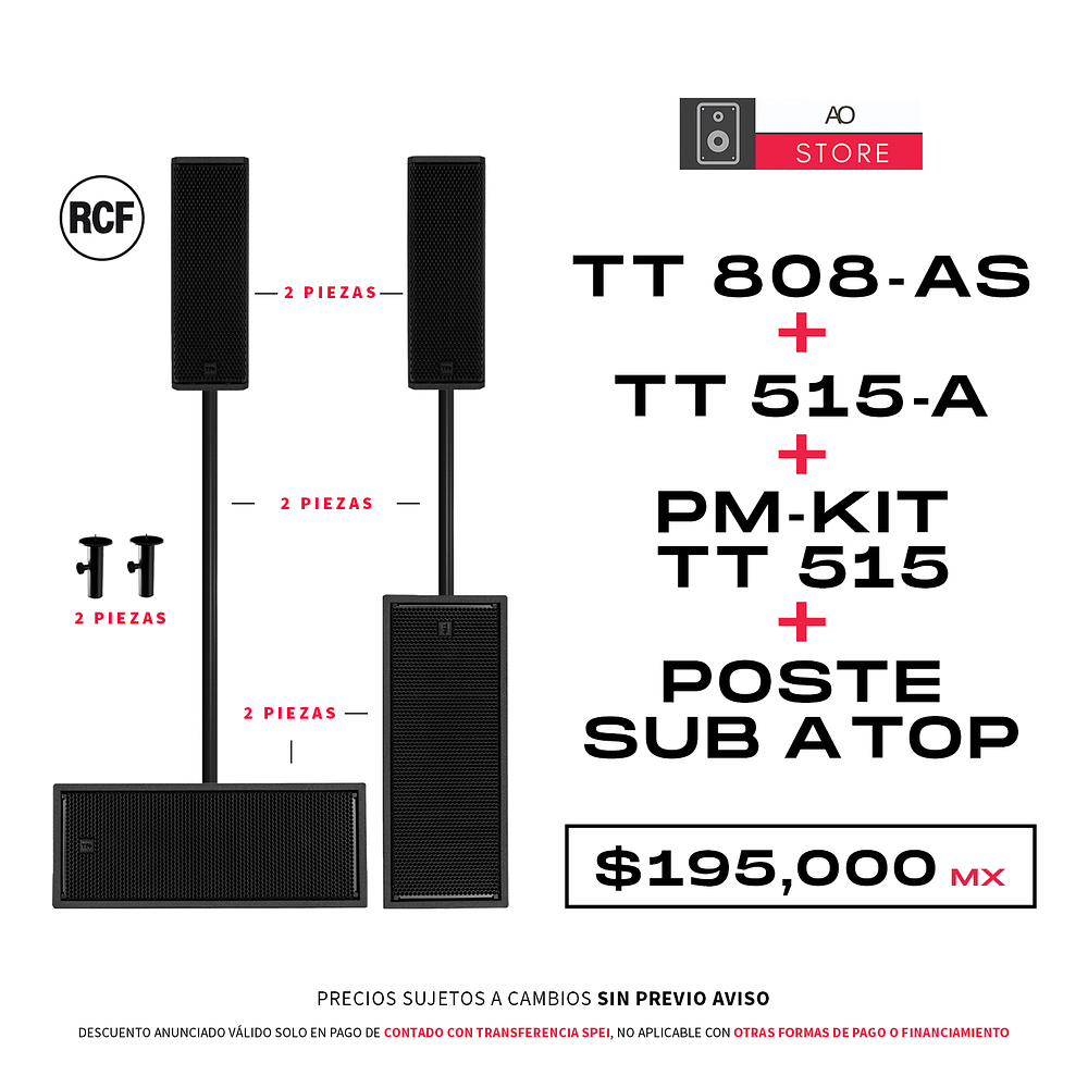 RCF TT 515-A Bocina Activa (2 Piezas) + TT 808-AS Subwoofer Activo (2 Piezas) + RCF PM-KIT TT 515 (2 Piezas) + Poste Sub A Top (2 piezas) Sistema de Audio 1