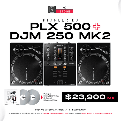 Pioneer DJ PLX 500 Tornamesa Para Dj (2 Piezas) + DJM 250 MK2 Mezcladora Para Dj + De Regalo Pioneer Dj RB VD2 CL Vinilos de Control