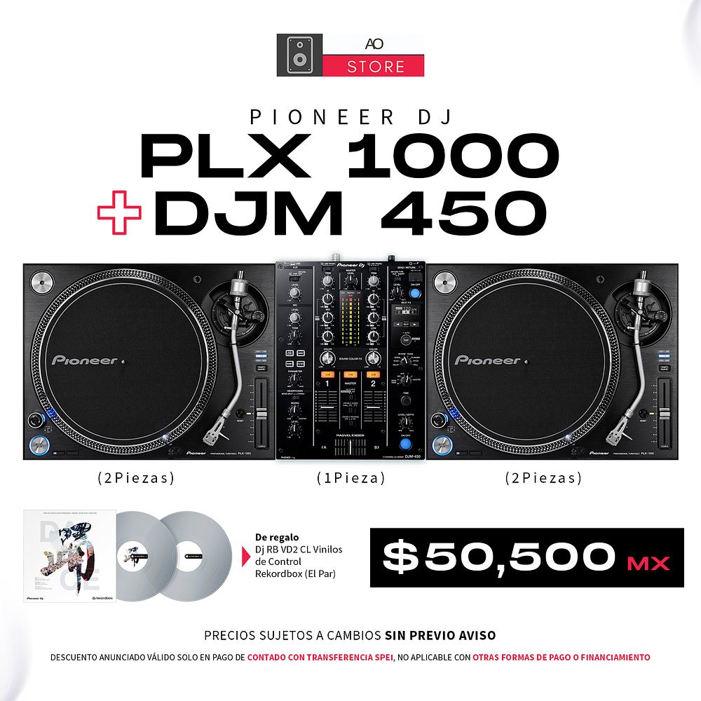 Pioneer DJ PLX 1000 Tornamesa Para Dj (2 Piezas) + DJM 450 Mezcladora Para Dj + De Regalo Pioneer Dj RB VD2 CL Vinilos de Control 1