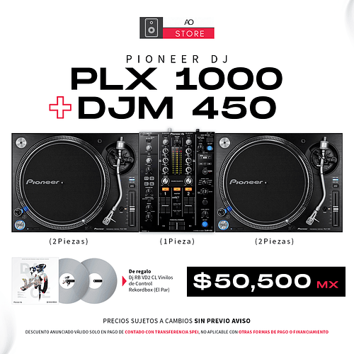 Pioneer DJ PLX 1000 Tornamesa Para Dj (2 Piezas) + DJM 450 Mezcladora Para Dj + De Regalo Pioneer Dj RB VD2 CL Vinilos de Control