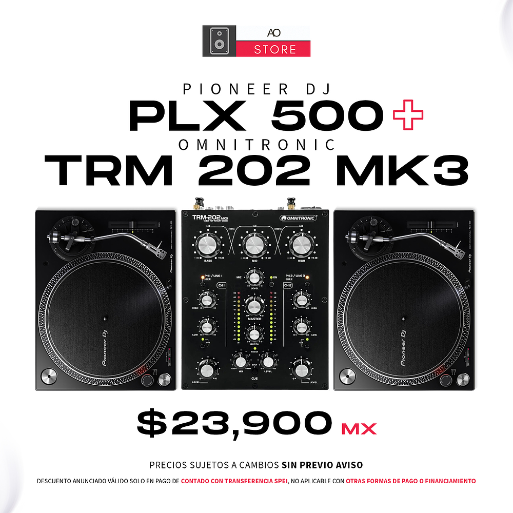 Pioneer DJ PLX 500 Tornamesa Para Dj (2 Piezas) + Omnitronic TRM 202 MK3 Mezcladora Rotativa Para Dj 1