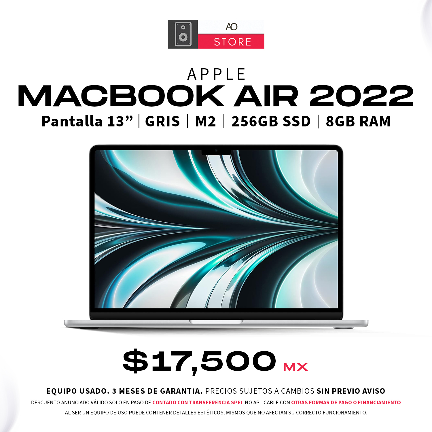 Apple MacBook Air 2022 M2, 256GB SSD, 8GB RAM, Pantalla 13,