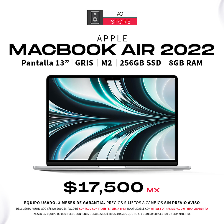 Apple MacBook Air 2022 M2, 256GB SSD, 8GB RAM, Pantalla 13