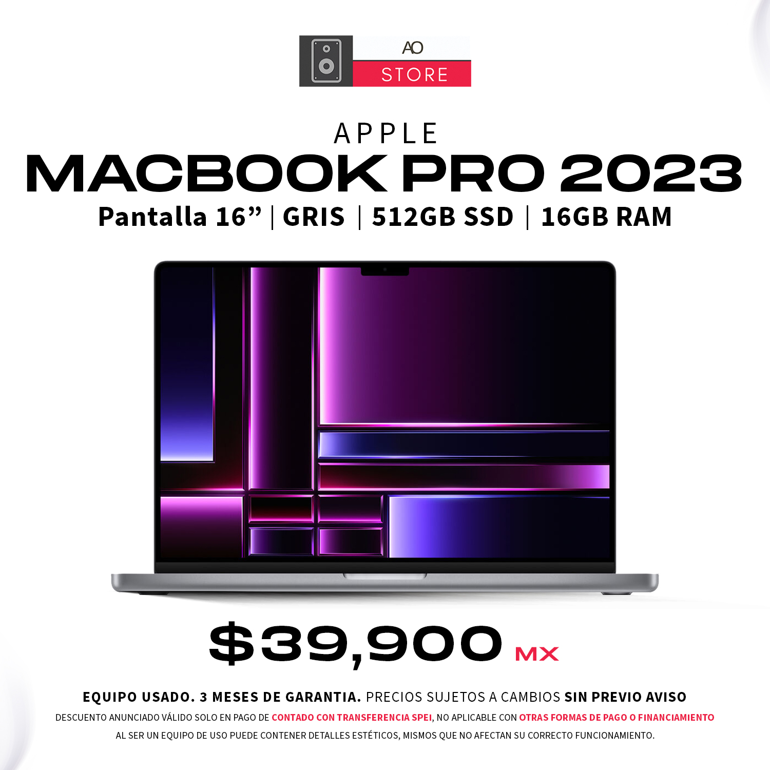 Apple MacBook Pro 2023 M2 PRO, 512GB SSD, 16GB RAM, Pantalla