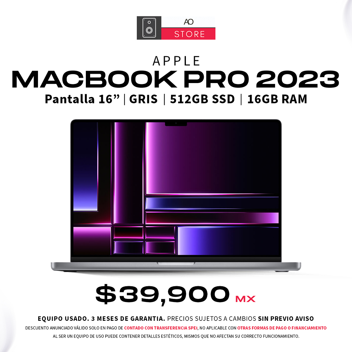 Apple MacBook Pro 2023 M2 PRO, 512GB SSD, 16GB RAM, Pantalla 16