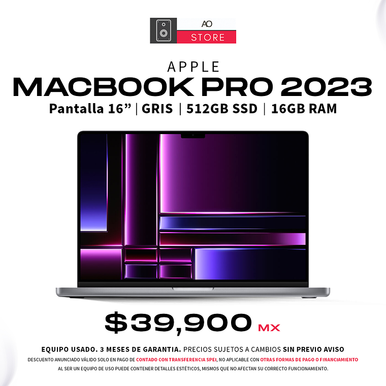 Apple MacBook Pro 2023 M2 PRO, 512GB SSD, 16GB RAM, Pantalla 16