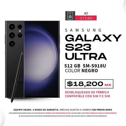 Samsung Galaxy S23 Ultra 512GB SM-S918U Color Negro Equipo Usado
