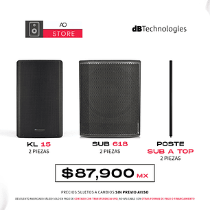 dB Technologies KL 15 Bocina Activa (2 piezas) + dB Technologies Sub 618 Subwoofer Activo (2 piezas), Poste Sub A Top (2 piezas) Sistema de Audio