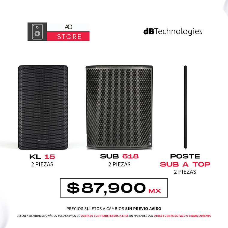 dB Technologies KL 15 Bocina Activa (2 piezas) + dB Technologies Sub 618 Subwoofer Activo (2 piezas), Poste Sub A Top (2 piezas) Sistema de Audio 1