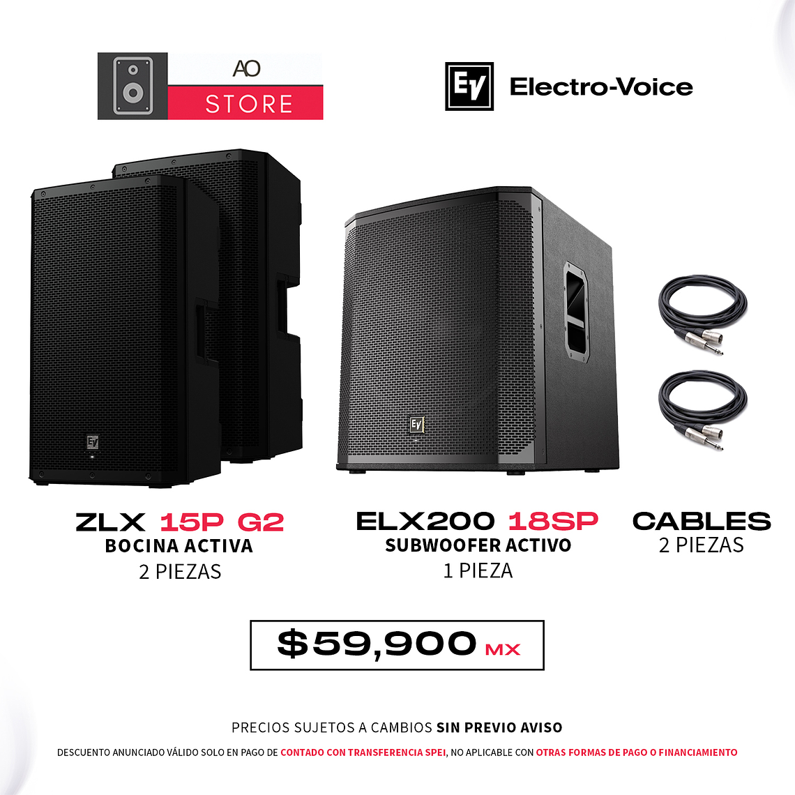 EV Electro Voice ZLX 15P G2 Bocina Activa (2 Piezas) + ELX200 18SP Subwoofer Activo (1 Pieza) + Cables (2 piezas) 1