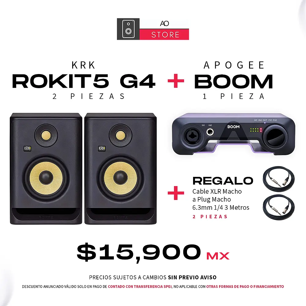 KRK Rokit RP5 G4 Monitores De Estudio (El Par) + Apogee Boom Interfaz de Audio + De Regalo Cable XLR Macho a Plug Macho 6.3 mm 1/4 3 Metros (2Pz) 1