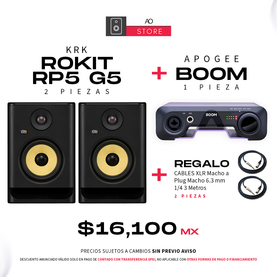 KRK Rokit RP5 G5 Monitores De Estudio (El Par) + Apogee Boom Interfaz de Audio + De Regalo Cable XLR Macho a Plug Macho 6.3 mm 1/4 3 Metros (2Pz) 1