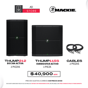 Mackie Thump212 Bocina Activa (2 piezas) + Mackie Thump115S Subwoofer Activo (1 pieza) + Cables (Par) 