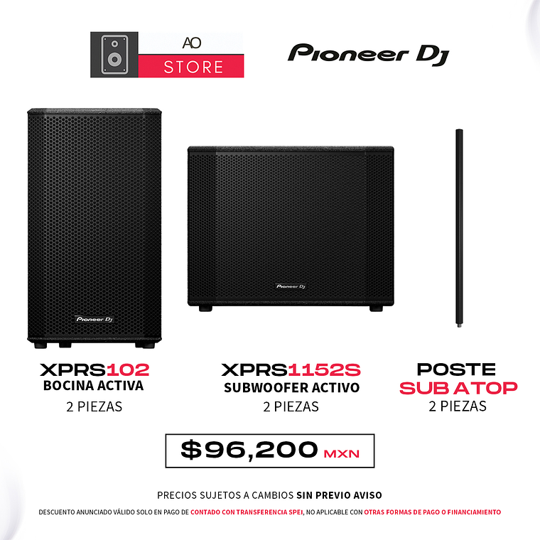 Pioneer DJ XPRS102 (2 Piezas) + Pioneer DJ XPRS1152S (2 Piezas) + Poste Sub a Top (2 Piezas) Sistema de Audio Activo 1