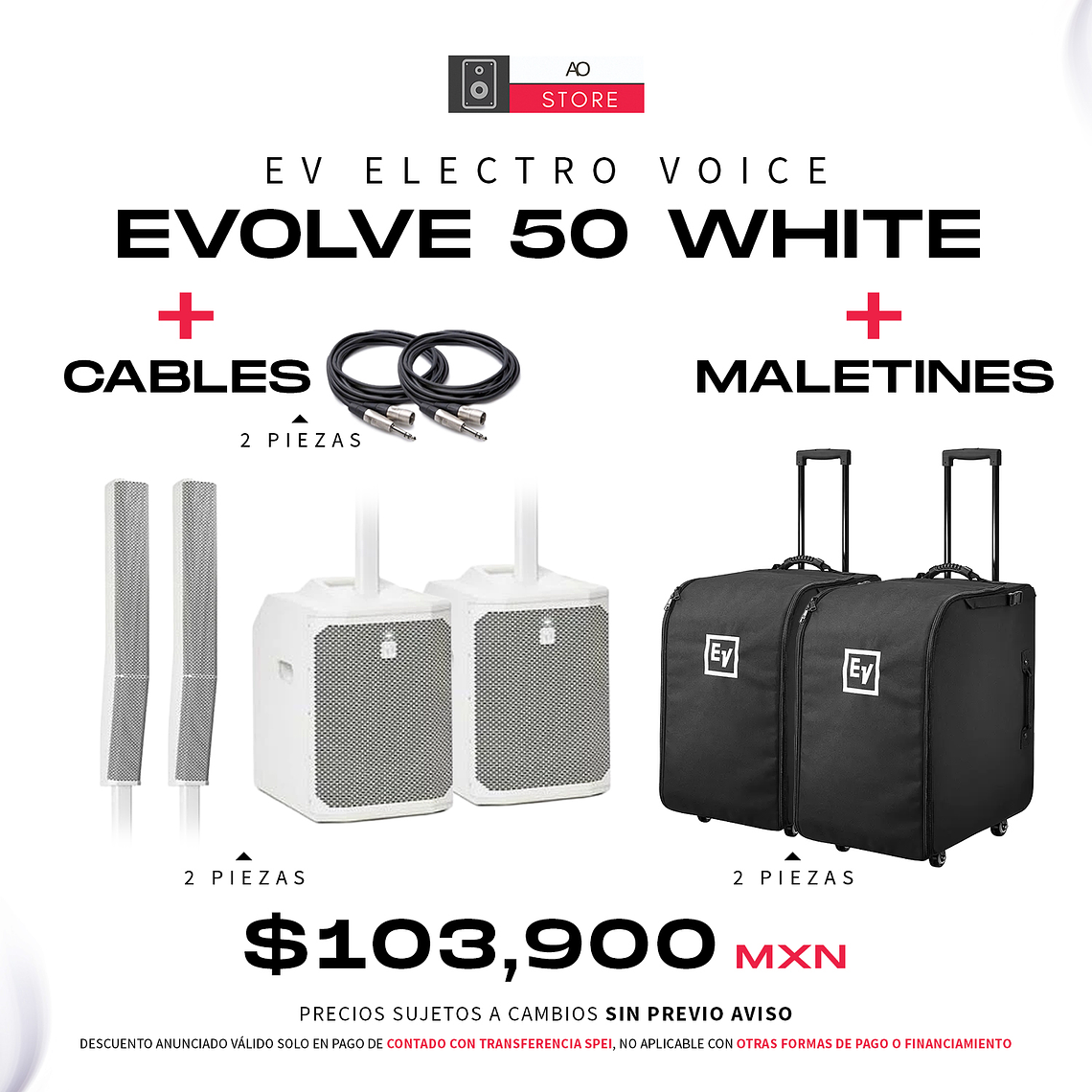EV Electro Voice Evolve 50 White (2 Piezas) + Maletines con Ruedas (2 Piezas) + Cables (2 Piezas) 1