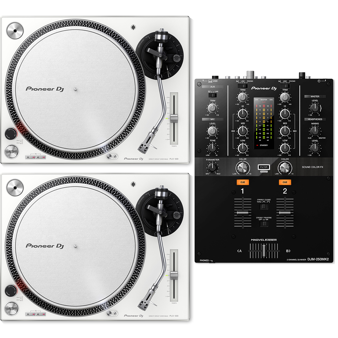 Pioneer DJ PLX 500 White Tornamesa para DJ (2 Piezas) + DJM 250 Mk2 Mezcladora para DJ + De Regalo Pioneer DJ RB VD2 Vinilos de Control Cabina Completa 2