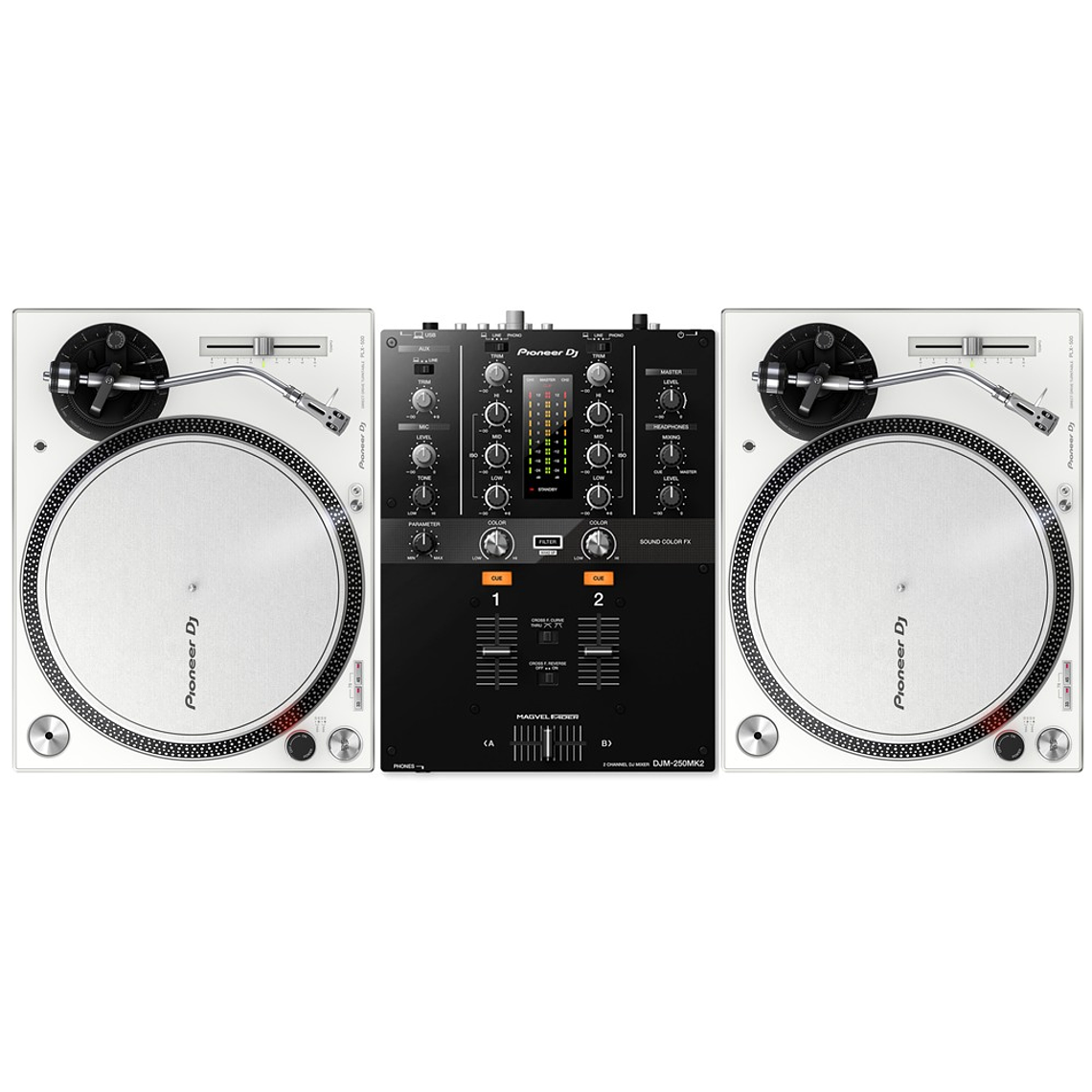 Pioneer DJ PLX 500 White Tornamesa para DJ (2 Piezas) + DJM 250 Mk2 Mezcladora para DJ + De Regalo Pioneer DJ RB VD2 Vinilos de Control Cabina Completa 3