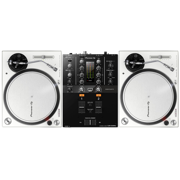 Pioneer DJ PLX 500 White Tornamesa para DJ (2 Piezas) + DJM 250 Mk2 Mezcladora para DJ + De Regalo Pioneer DJ RB VD2 Vinilos de Control Cabina Completa 3