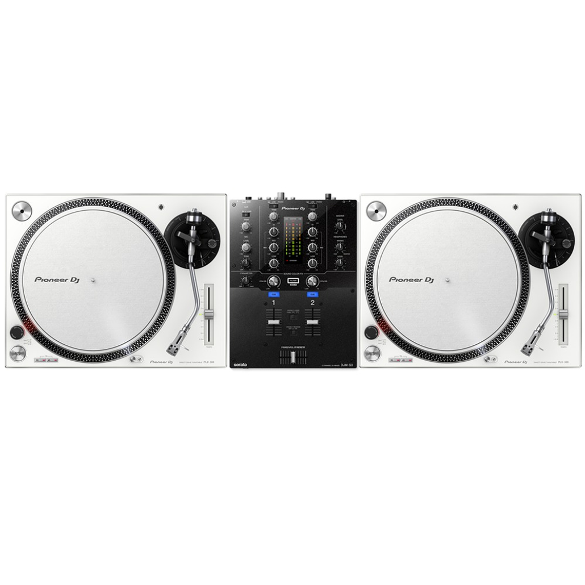 Pioneer DJ PLX 500 White Tornamesa para DJ (2 Piezas) + DJM 250 Mk2 Mezcladora para DJ + De Regalo Pioneer DJ RB VD2 Vinilos de Control Cabina Completa 4