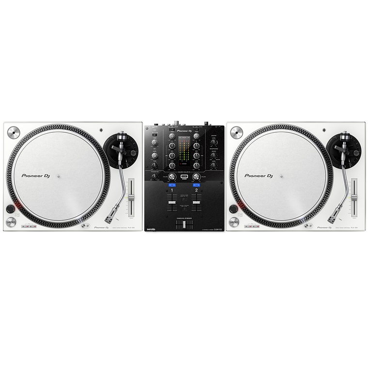 Pioneer DJ PLX 500 White Tornamesa para DJ (2 Piezas) + DJM 250 Mk2 Mezcladora para DJ + De Regalo Pioneer DJ RB VD2 Vinilos de Control Cabina Completa 4
