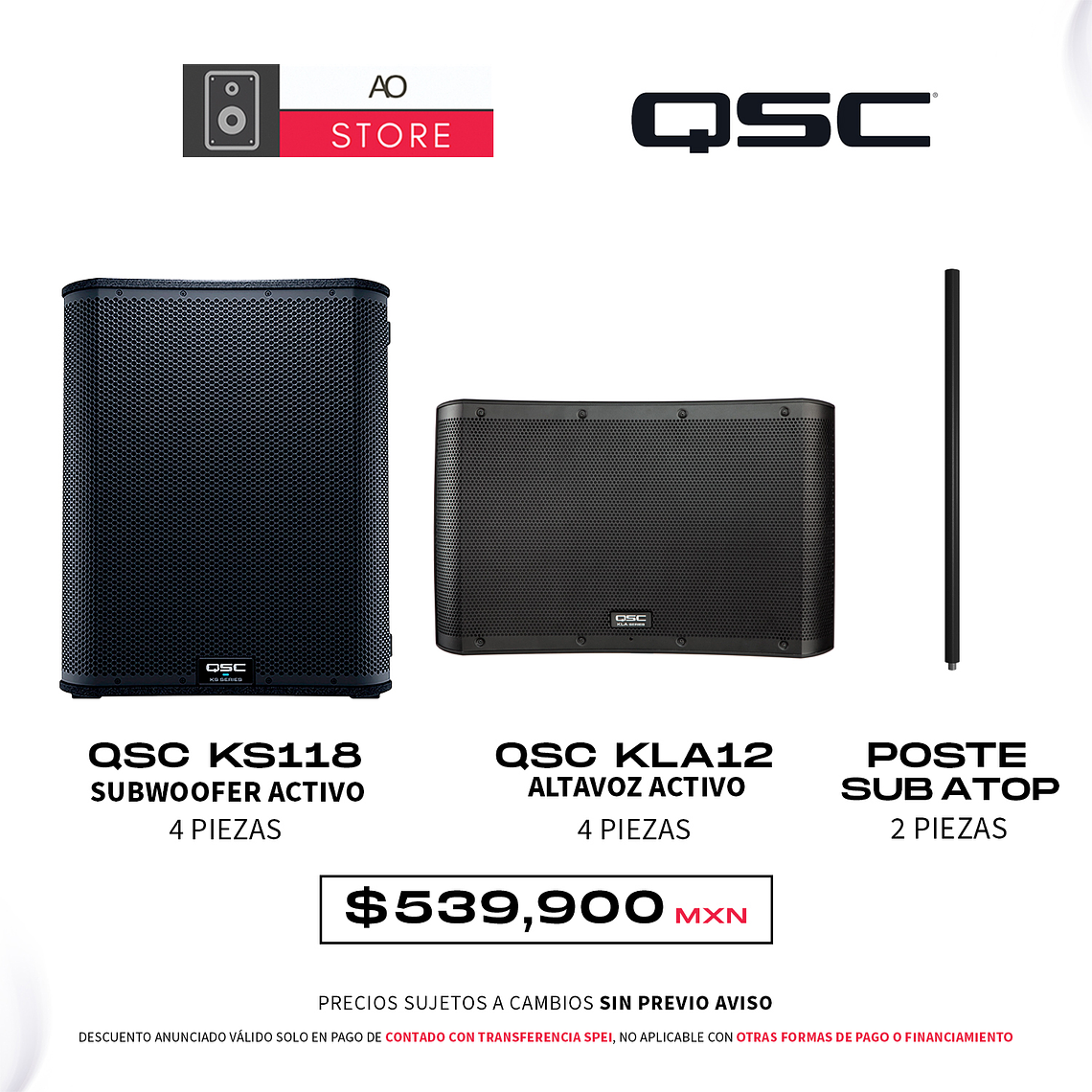 QSC KLA12 (4 piezas) + QSC KS118 (4 piezas) + Poste Sub a Top (2 piezas) Sistema de Audio Híbrido Fuente Puntual y Tiro Largo Tipo Line Array 1