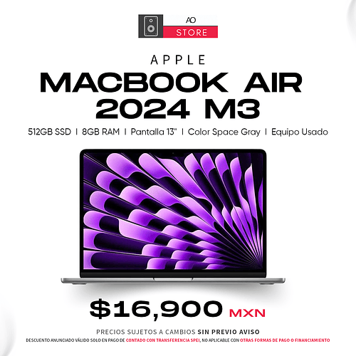 Apple MacBook Air 2024 M3 512GB SSD, 8GB RAM, Pantalla 13