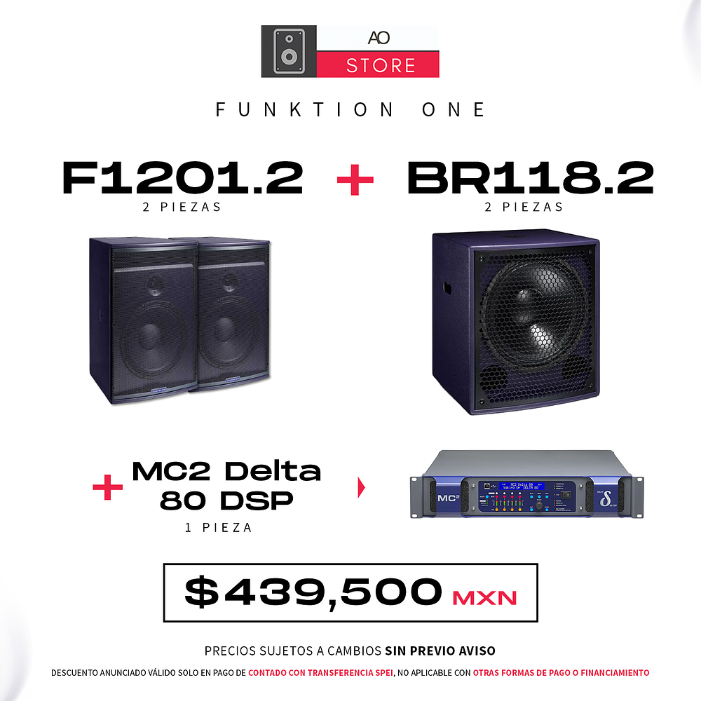 Funktion One F1201.2 Bocina (2 Piezas) + BR118.2 Subwoofer (2 Piezas) + MC2 Delta 80 DSP Amplificador (1 Pieza) Sistema de Audio 