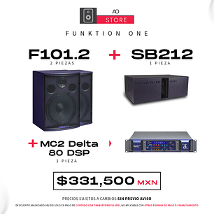 Funktion One F101.2 Bocina (2 Piezas) + SB212 Subwoofer (1 Pieza) + MC2 Delta 80 DSP Amplificador (1 Pieza) Sistema de Audio