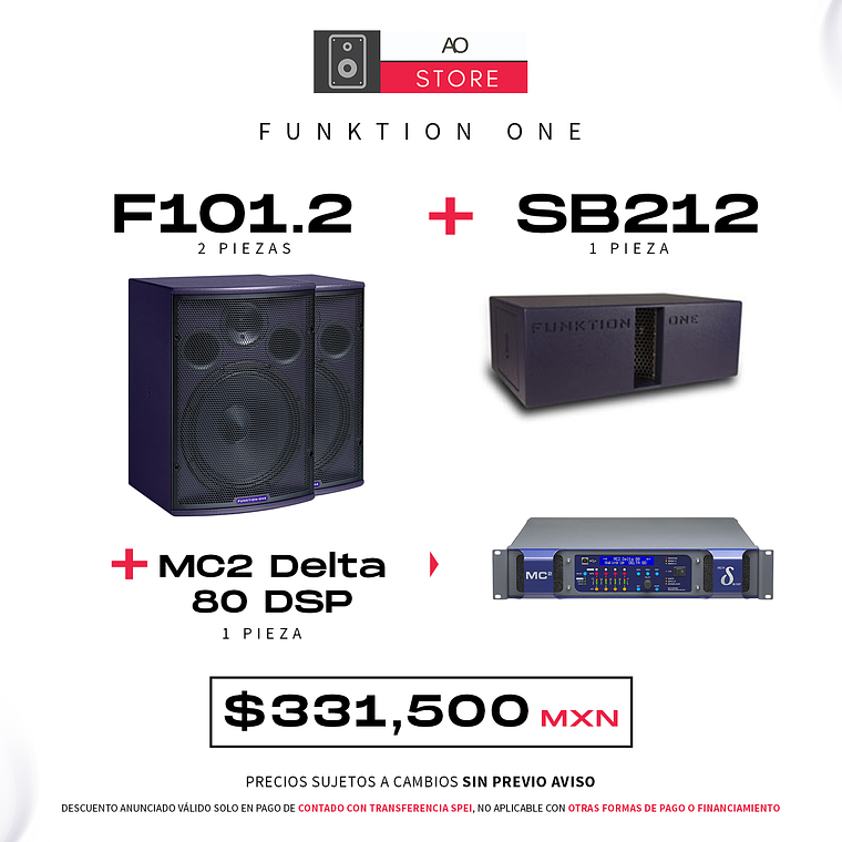 Funktion One F101.2 Bocina (2 Piezas) + SB212 Subwoofer (1 Pieza) + MC2 Delta 80 DSP Amplificador (1 Pieza) Sistema de Audio 1
