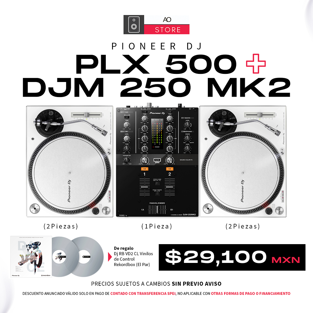 Pioneer DJ PLX 500 White Tornamesa para DJ (2 Piezas) + DJM 250 Mk2 Mezcladora para DJ + De Regalo Pioneer DJ RB VD2 Vinilos de Control Cabina Completa 1
