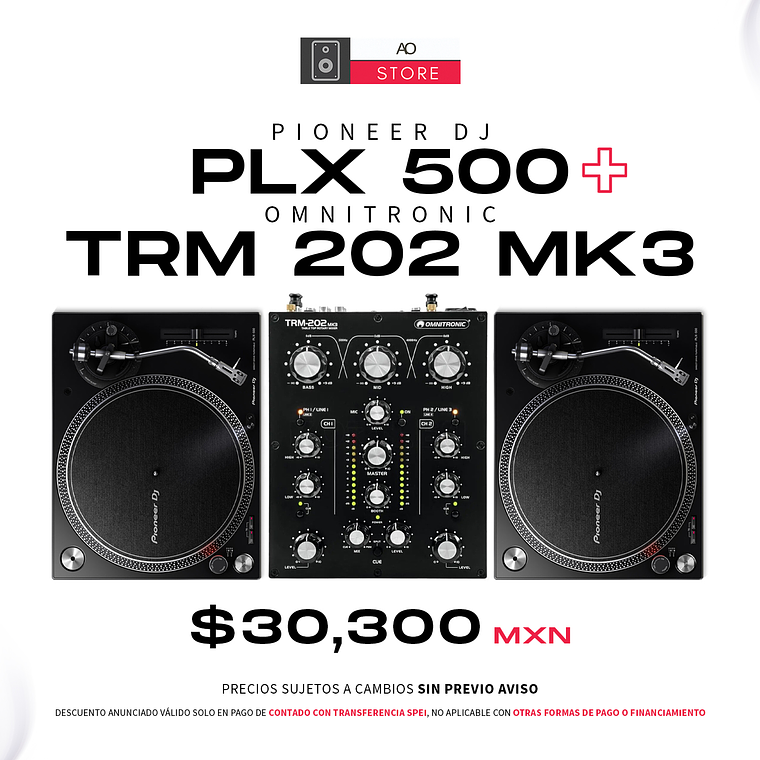 Pioneer DJ PLX 500 (2 Piezas) + Omnitronic TRM 202 MK3 Cabina Completa 1