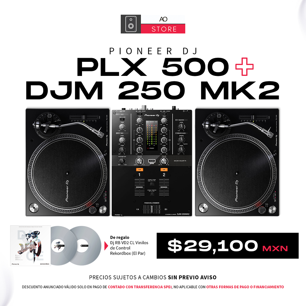 Pioneer DJ PLX 500 Tornamesa para DJ (2 Piezas) + DJM 250 Mk2 Mezcladora para DJ + De Regalo Pioneer DJ RB VD2 Vinilos de Control Cabina Completa 1