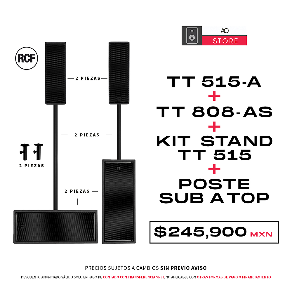 RCF TT 515A Bocina Activa (2 Piezas) + TT 808 AS Subwoofer Activo (2 Piezas) + RCF Kit Stand Adaptador para TT 515 (2 Piezas) + Poste Sub A Top (2 piezas) Sistema de Audio 1