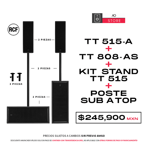 RCF TT 515A Bocina Activa (2 Piezas) + TT 808 AS Subwoofer Activo (2 Piezas) + RCF Kit Stand Adaptador para TT 515 (2 Piezas) + Poste Sub A Top (2 piezas) Sistema de Audio