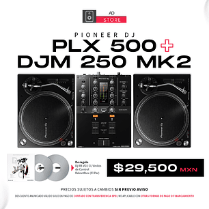 Pioneer DJ PLX 500 Tornamesa para DJ (2 Piezas) + DJM 250 Mk2 Mezcladora para DJ + De Regalo Pioneer DJ RB VD2 Vinilos de Control Cabina Completa