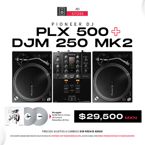 Pioneer DJ PLX 500 Tornamesa para DJ (2 Piezas) + DJM 250 Mk2 Mezcladora para DJ + De Regalo Pioneer DJ RB VD2 Vinilos de Control Cabina Completa