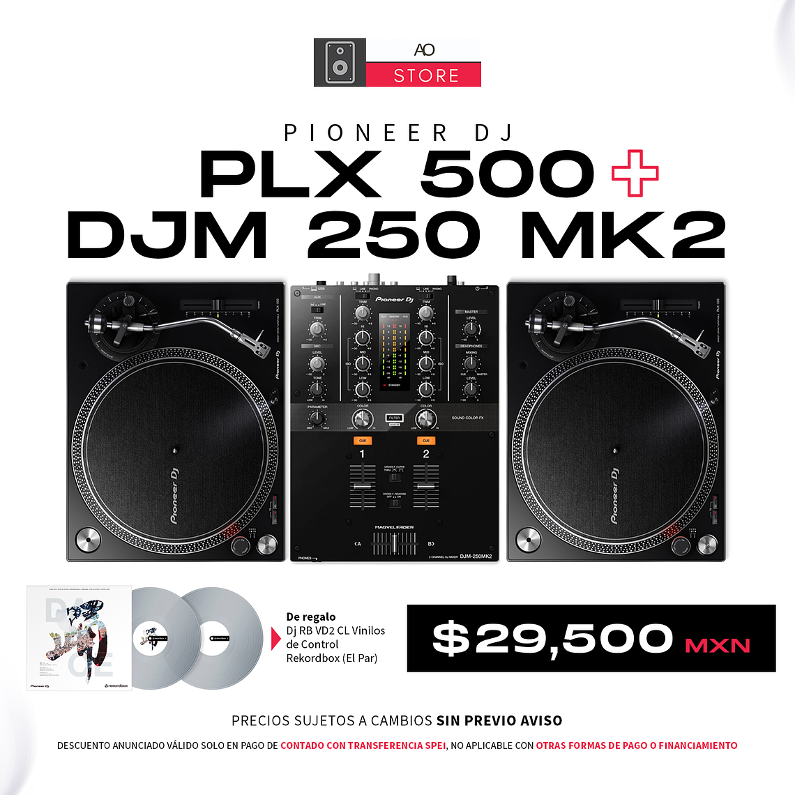Pioneer DJ PLX 500 Tornamesa para DJ (2 Piezas) + DJM 250 Mk2 Mezcladora para DJ + De Regalo Pioneer DJ RB VD2 Vinilos de Control Cabina Completa 1