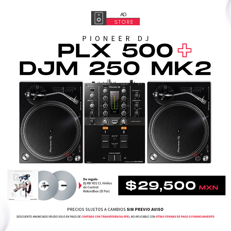 Pioneer DJ PLX 500 Tornamesa para DJ (2 Piezas) + DJM 250 Mk2 Mezcladora para DJ + De Regalo Pioneer DJ RB VD2 Vinilos de Control Cabina Completa 1