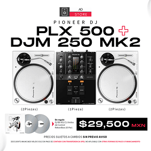 Pioneer DJ PLX 500 White Tornamesa para DJ (2 Piezas) + DJM 250 Mk2 Mezcladora para DJ + De Regalo Pioneer DJ RB VD2 Vinilos de Control Cabina Completa