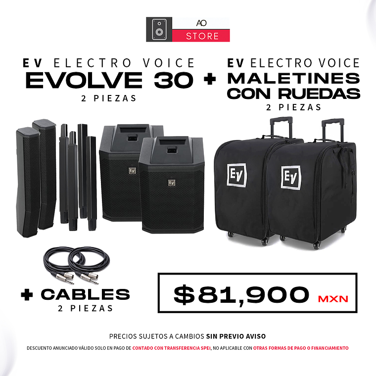 EV Electro Voice Evolve 30M (2 Piezas) + Maletines con Ruedas (2 Piezas) + Cables (2 Piezas) 1