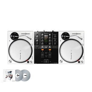 Pioneer DJ PLX 500 White Tornamesa para DJ (2 Piezas) + DJM 250 Mk2 Mezcladora para DJ + De Regalo Pioneer DJ RB VD2 Vinilos de Control Cabina Completa