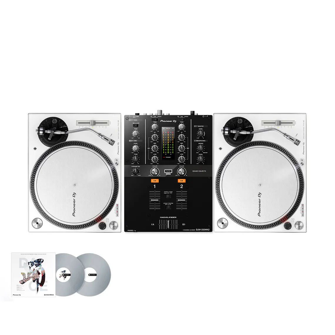 Pioneer DJ PLX 500 White Tornamesa para DJ (2 Piezas) + DJM 250 Mk2 Mezcladora para DJ + De Regalo Pioneer DJ RB VD2 Vinilos de Control Cabina Completa 1