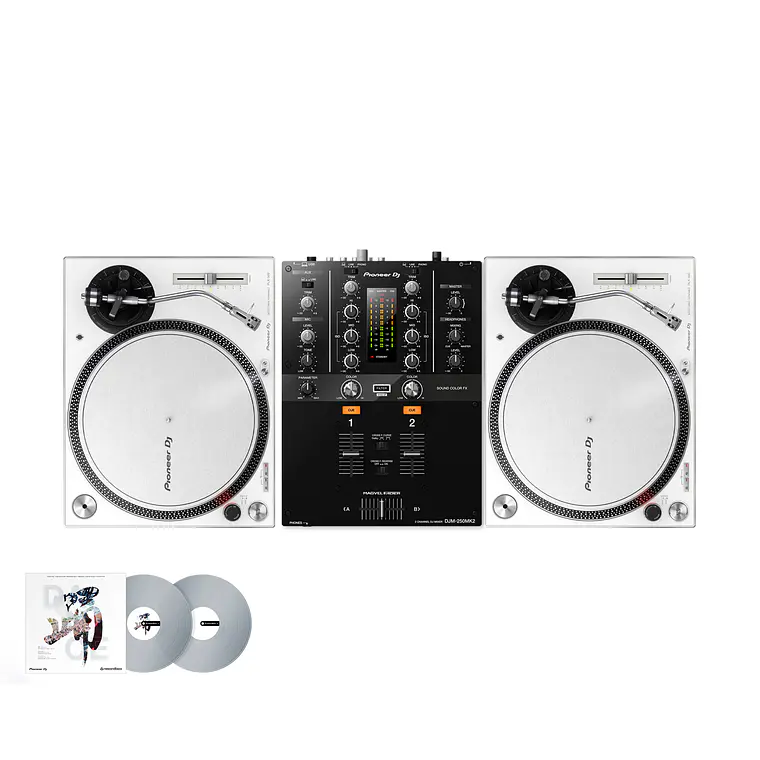 Pioneer DJ PLX 500 White Tornamesa para DJ (2 Piezas) + DJM 250 Mk2 Mezcladora para DJ + De Regalo Pioneer DJ RB VD2 Vinilos de Control Cabina Completa 1