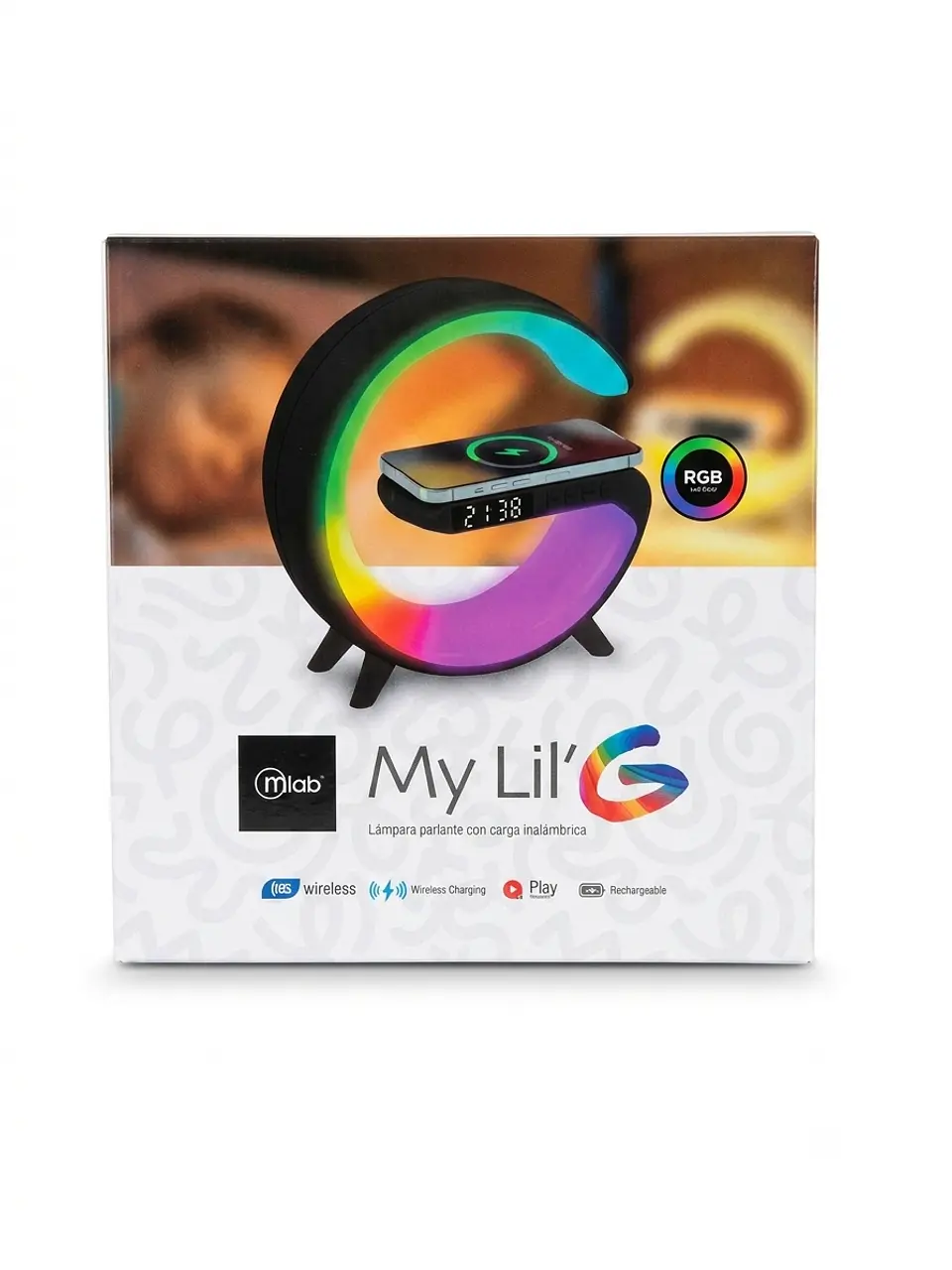Lámpara LED RGB Mlab My Lil' G con Parlante Bluetooth, Carga Inalámbrica y Reloj Digital 1