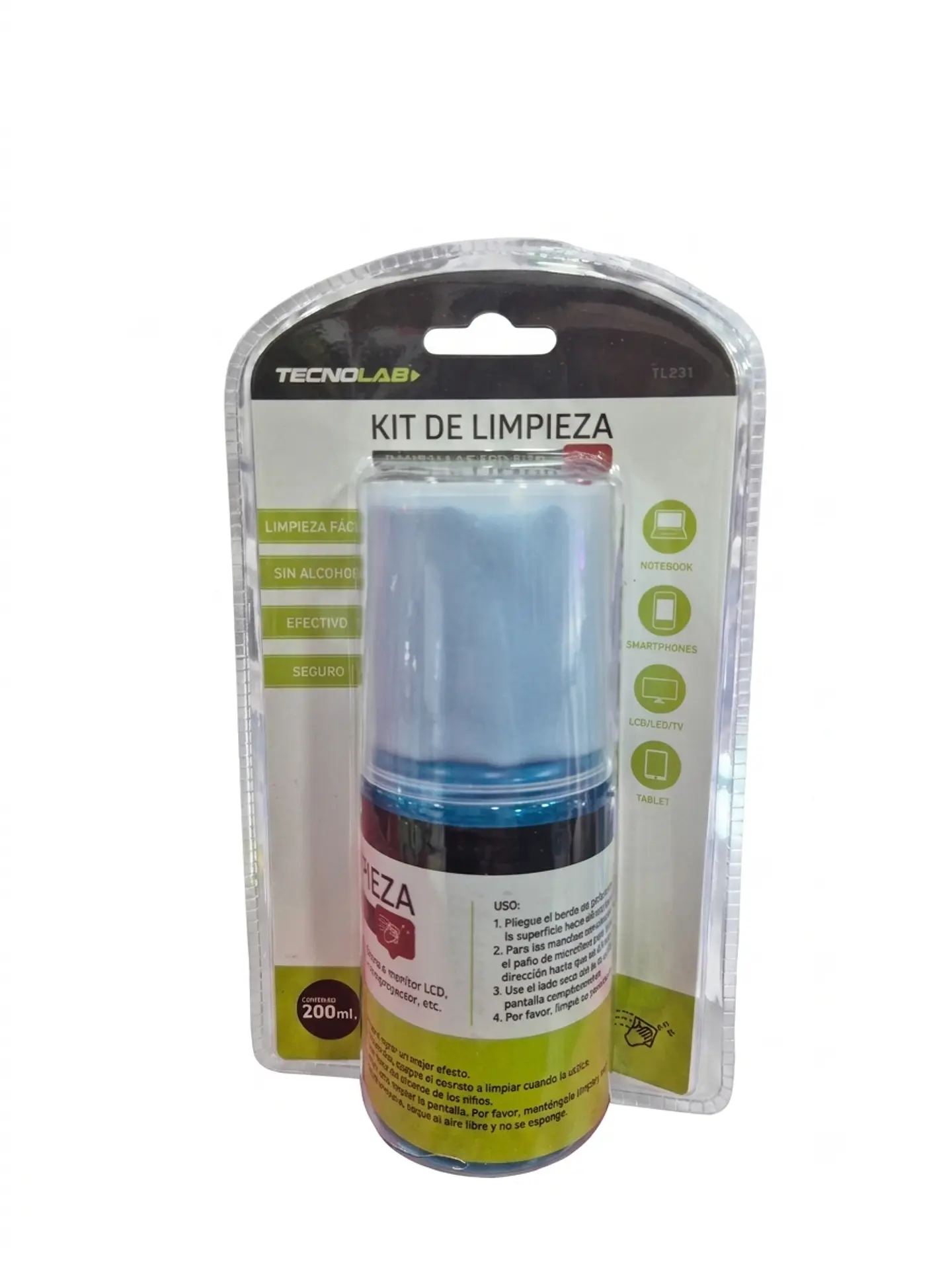 Kit de Limpieza Tecnolab para Pantallas con Líquido 200 ml y Paño de Microfibra 1